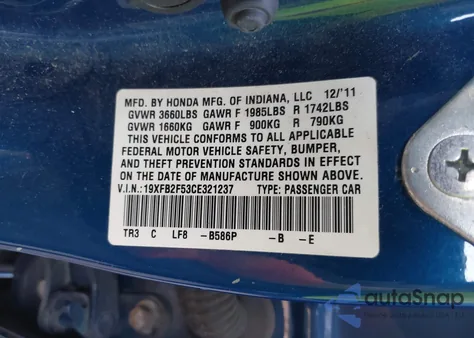 2012 Honda Civic Lx from USA, damaged, VIN 19XFB2F53CE321237